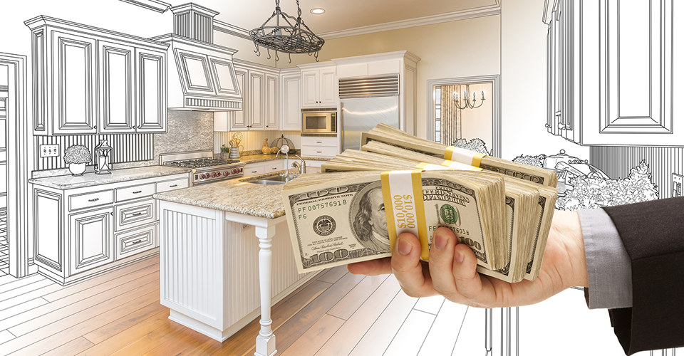Image of cash and a new kitchen to represent the financing of a remodel
