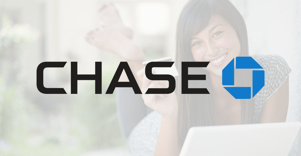 Chase logo with woman holding a bank card in background