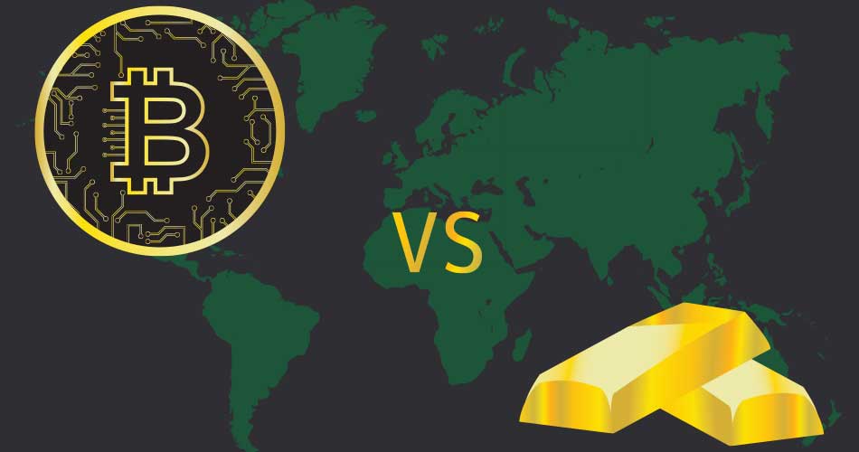 Image of the world with bitcoin vs gold