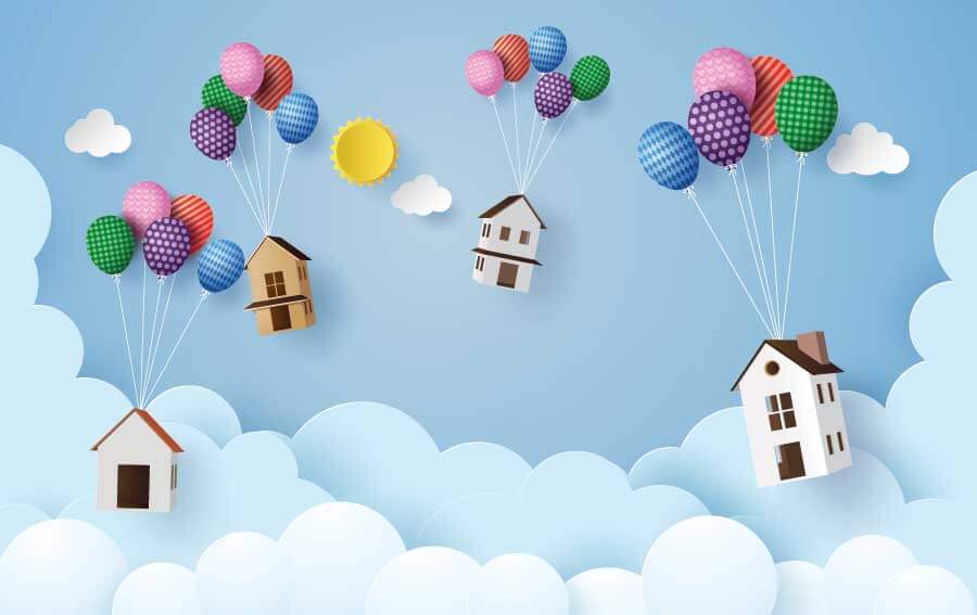 Image of toy houses flying with balloons as an illustration of a balloon mortgage