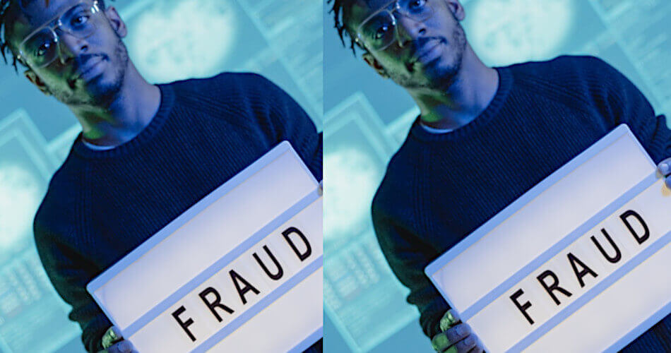 Duplicated picture of a man holding a fraud sign