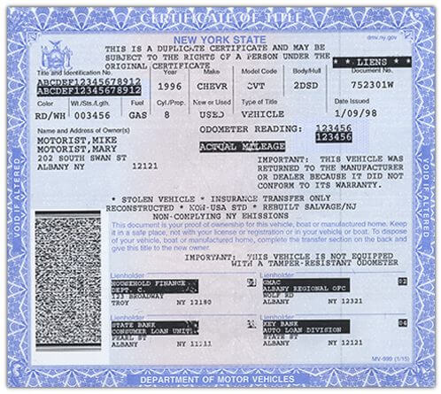 Example car title from New York