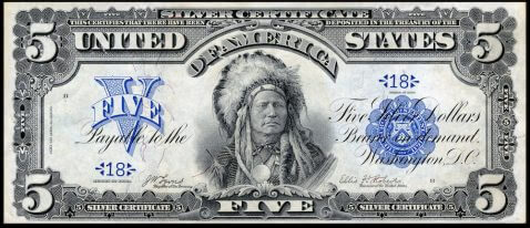 certificado de plata de 5 $ de la serie de 1899 que representa al jefe nativo americano Running Antelope de la tribu Lakota Sioux
