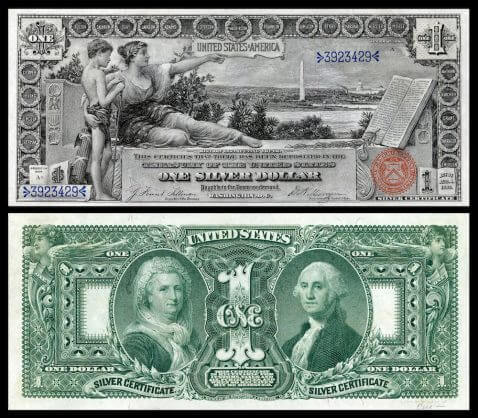Billete de plata de un dólar de la Serie Educativa que representa la Alegoría de la Historia instruyendo a la juventud en el anverso y a George Washington y Martha Washington en el reverso