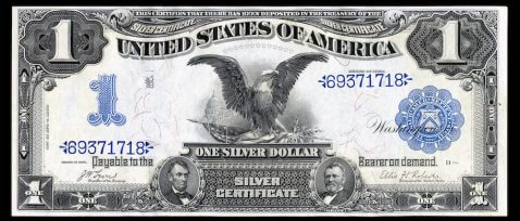 certificado de plata de 1$ de la serie de 1899 que representa un águila calva e imágenes de Abraham Lincoln y Ulysses Grant