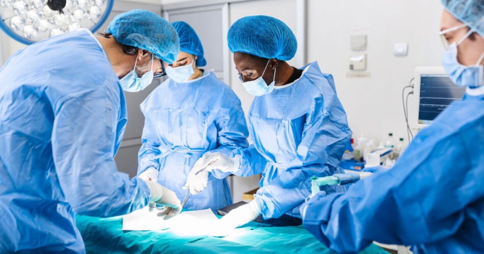 Surgeons preparing for a forehead reduction surgery