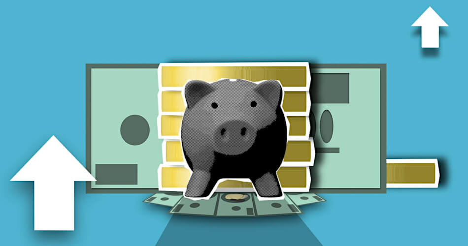graphic of a piggy back in front of stacked gold and abstract U.S. currency or dollars
