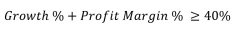 Rule of 40 Formula: Growth Rate plus Profit Margin should be greater than or equal to 40%