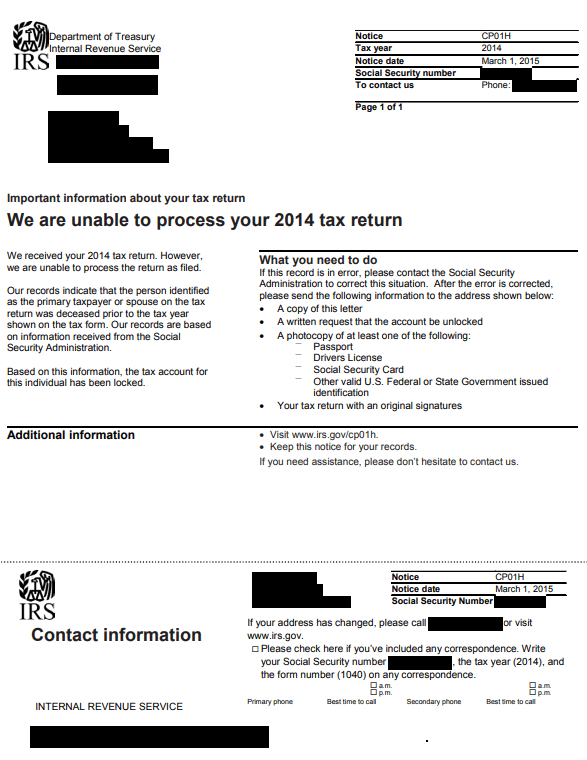Front page of IRS Notice CP01H