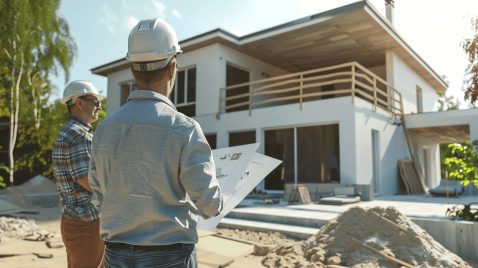 An owner standing with an architect looking at his house's renovations