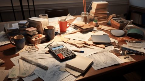 a desk full of paperwork, a calculator and some notes about taxes